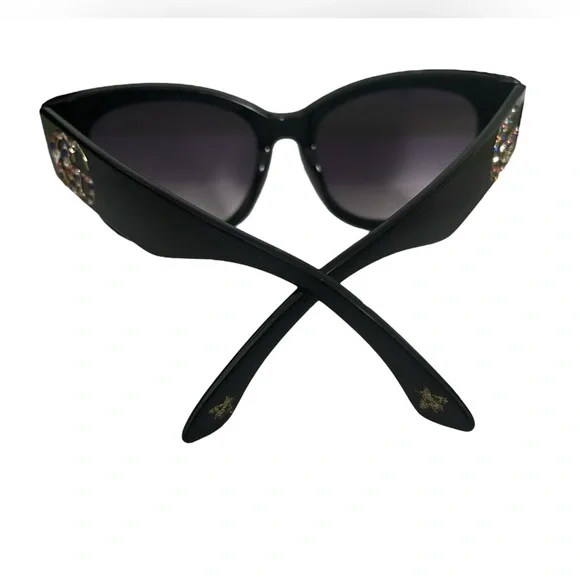 Black Semi Cat Eye Sunglasses with Purple Lenses - Rhinestones & Gold Emblems - Picture 5 of 10